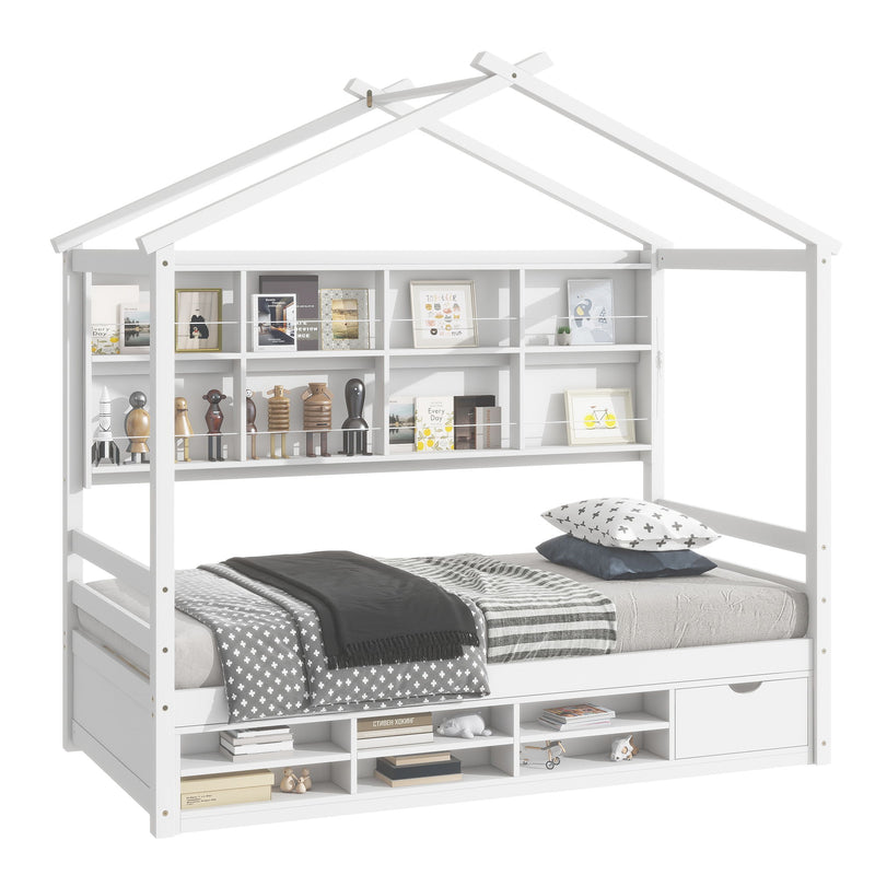 Twin House Bed With Roof Frame, Bedside-Shelves, Under Bed Storage Unit - White