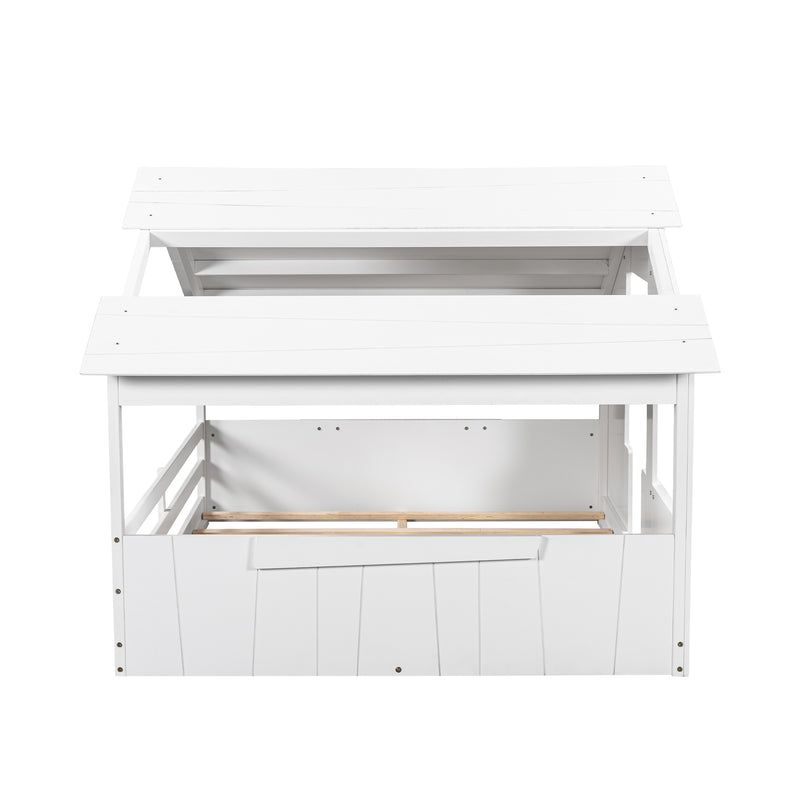 Wood Full Size House Bed with Roof, Window and Guardrail, White