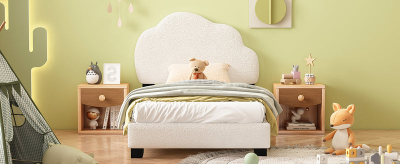 Twin Size Upholstered Boucle Fabric Platform Bed with Cloud-Shaped Headboard