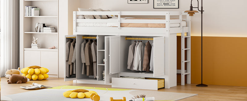 Twin size Loft Bed with Drawer, Two Wardrobes and Mirror, White