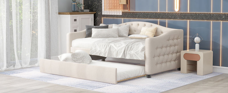 Upholstered Twin Size Daybed with Trundle, Beige