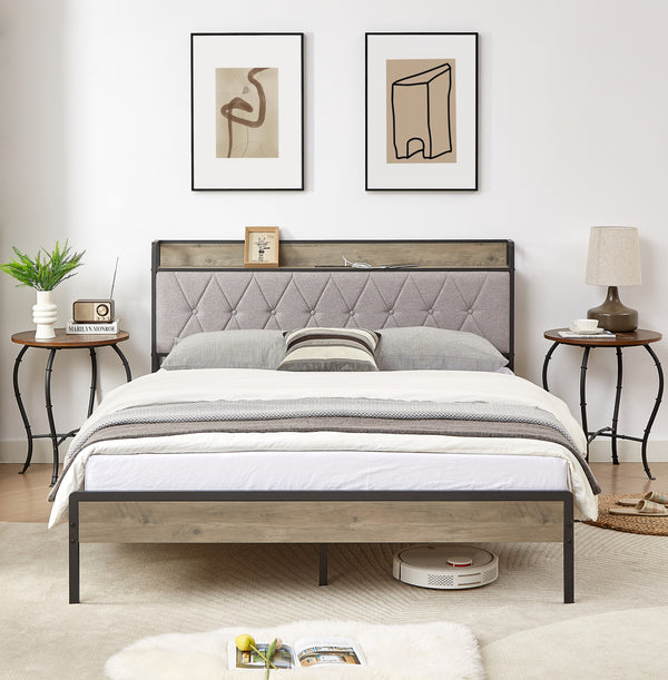 Bed frame with charging station Queen size,Grey, 87.8'' L x 61.8'' W x 39.2'' H.