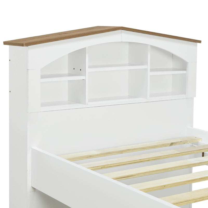 Twin Size Wood Platform Bed with House-shaped Storage Headboard and Trundle, White