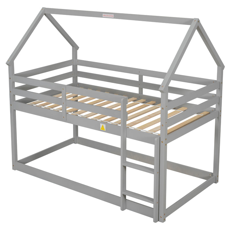 Twin over Twin Loft Bed with Roof Design, Safety Guardrail, Ladder, Grey