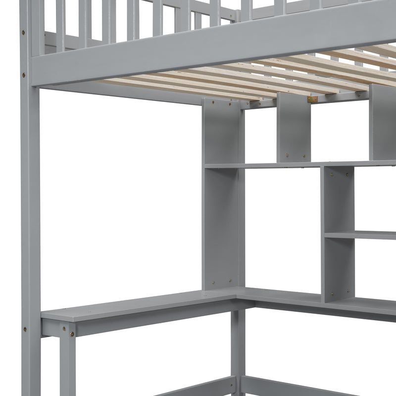 Twin size Loft Bed with Bookshelf,Drawers,Desk,and Wardrobe-Gray