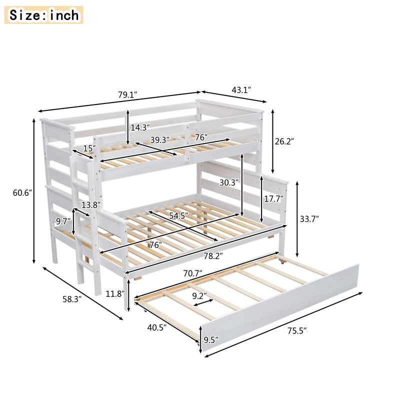 Wood Twin over Full Bunk Bed with Twin Size Trundle, White