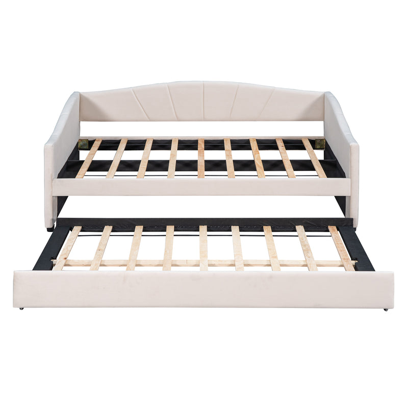 Upholstered Daybed Sofa Bed Twin Size With Trundle Bed and Wood Slat ,Beige