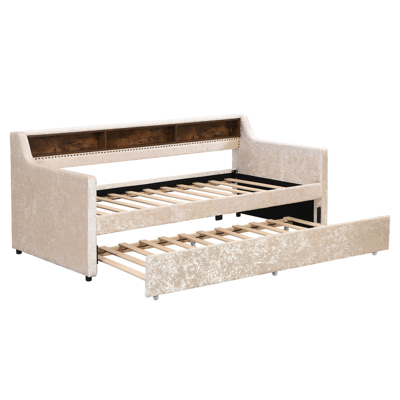 Twin Size Snowflake Velvet Daybed with Trundle and Built-in Storage Shelves,Beige