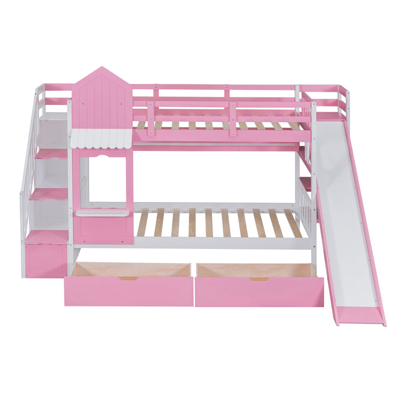 Twin-Over-Twin Castle Style Bunk Bed with 2 Drawers 3 Shelves and Slide - Pink