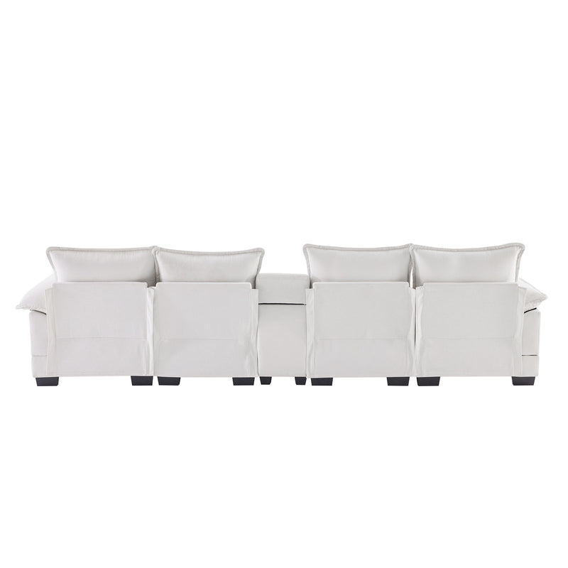 Modern U Shaped Sofa With Console, Cupholders And USB Ports, 6 Seat Upholstered Symmetrical Indoor Furniture, Sleeper Couch Set With Chaise For Living Room, Apartment, 2 Colors - White