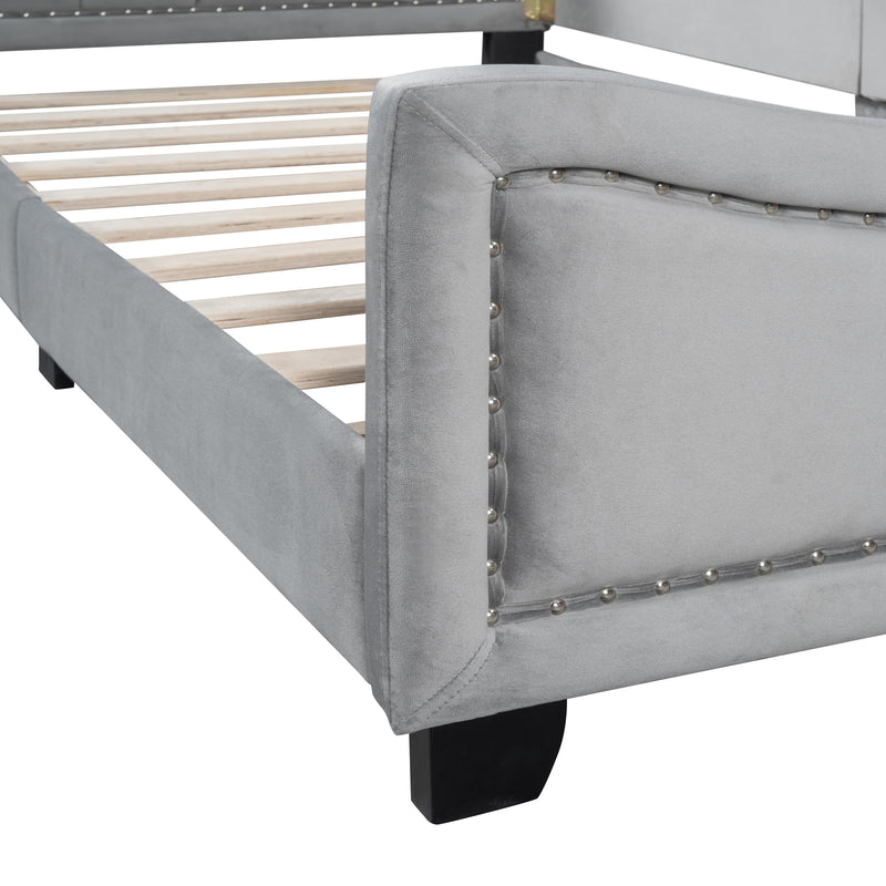 Twin Size Upholstered Daybed with Cloud Shaped Headboard, Embedded Elegant Copper Nail Design, Gray