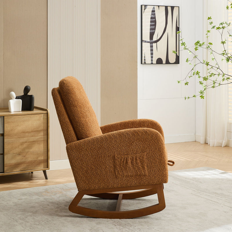 Rocking Chair For Nursery, High Back Glider Chair With Retractable Footrest, Side Pocket, Rocking Accent Armchair With Rubber Wood Legs For Living Room / Bedroom