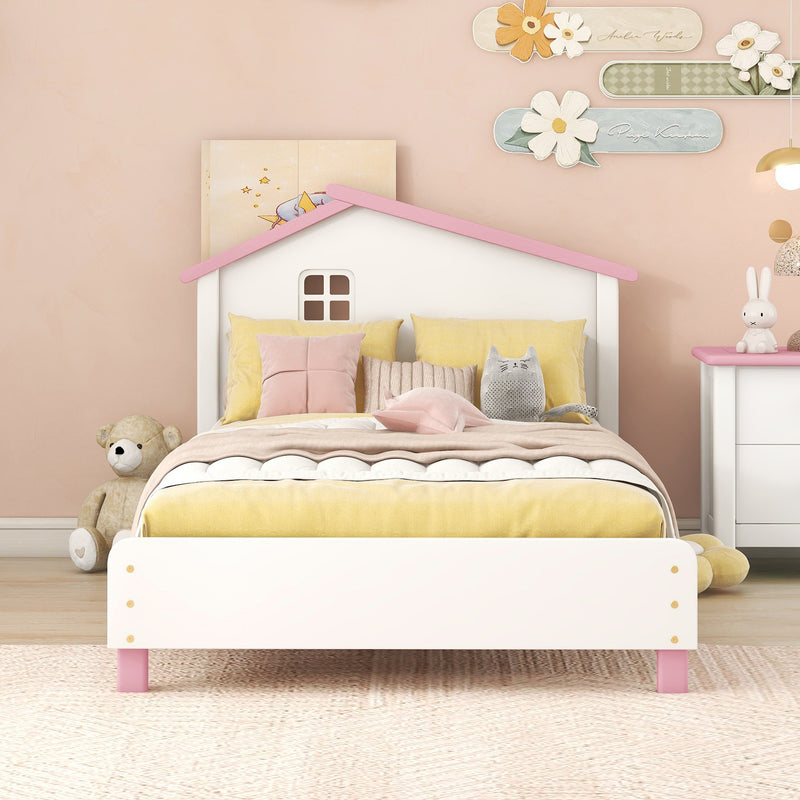 Twin Size Wood Platform Bed with House-shaped Headboard  (White+Pink)