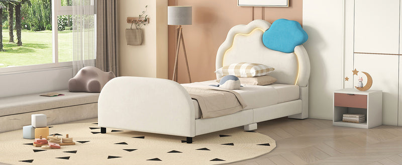 Twin Size Upholstered Platform Bed with Cloud-Shaped Headboard and Embedded Light Stripe, Velvet, Beige