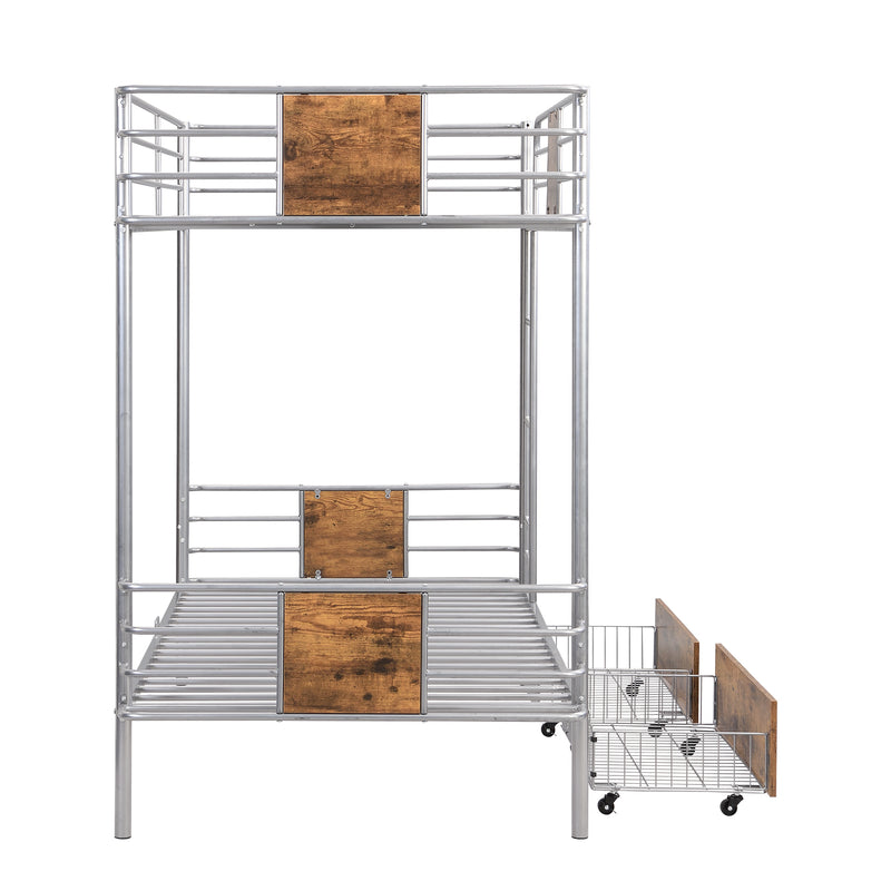 Twin XL over Twin XL Metal Bunk Bed with MDF Board Guardrail and Two Storage Drawers,Silver