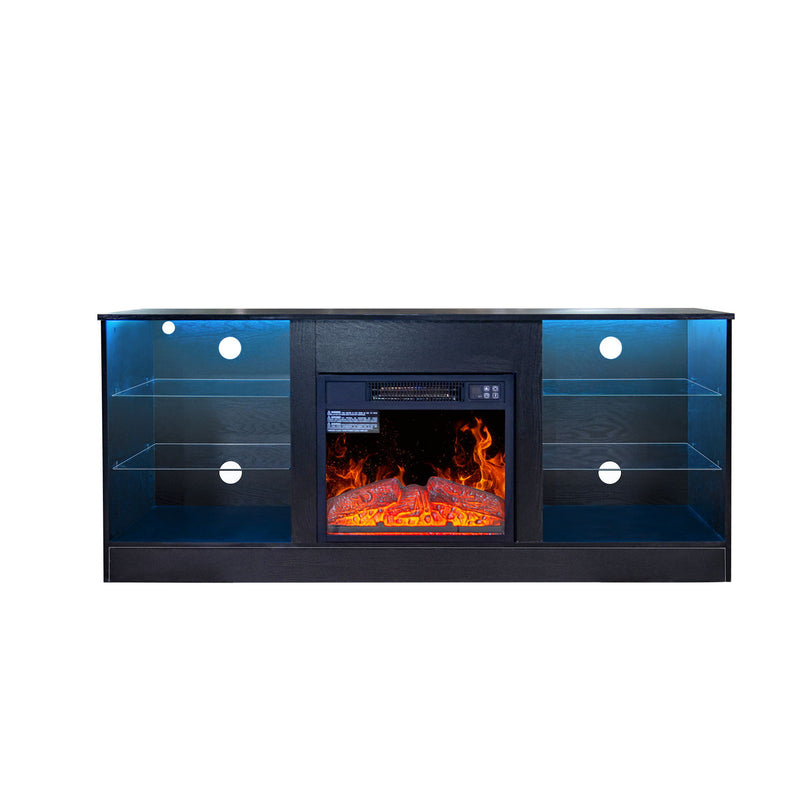 Fireplace TV Stand With 18" Electric Fireplace Heater, Modern Entertainment Center For TVs Up To 62" With Adjustable Glass Shelves And Storage Cabinets