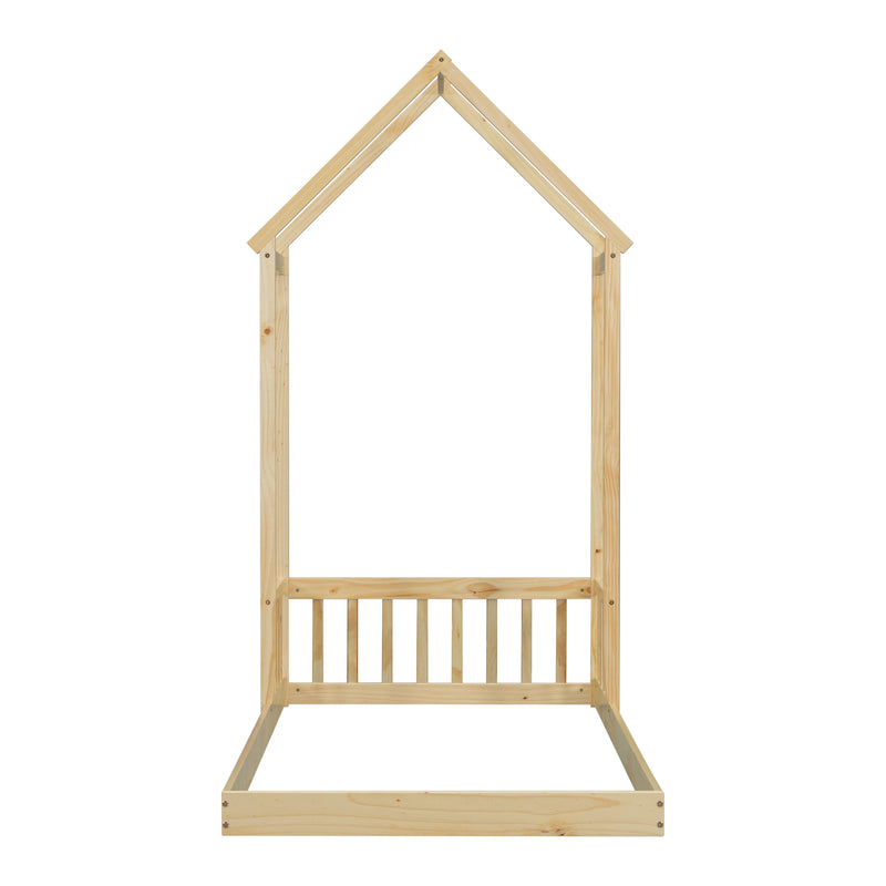 Twin House-shaped Roof Headboard Floor Bed,,(without slats),Natural