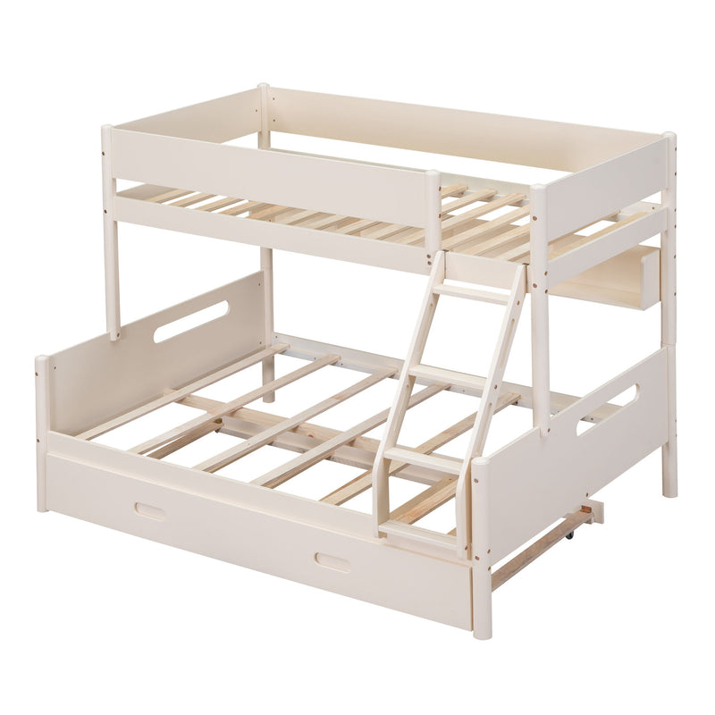 Wood Twin Over Full Bunk Bed With Storage Shelves And Twin Size Trundle - Cream