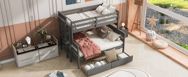 Wood Twin over Full Bunk Bed with 2 Drawers, Gray