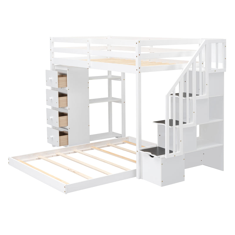 Twin Over Full Bunk Bed with 3-layer Shelves, Drawers and Storage Stairs, White