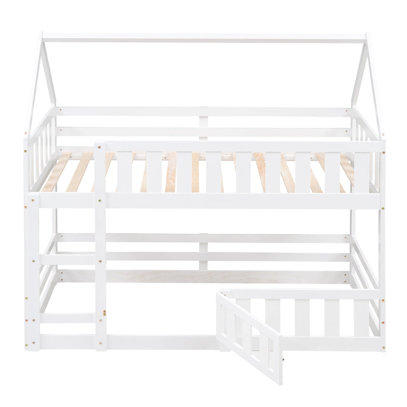 Twin over Twin House Bunk Bed with Fence and Door, White