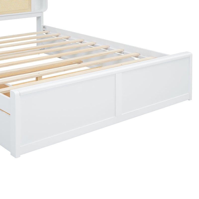 Queen Size Rattan Headboard Bed With Two Drawers And Trundle - White