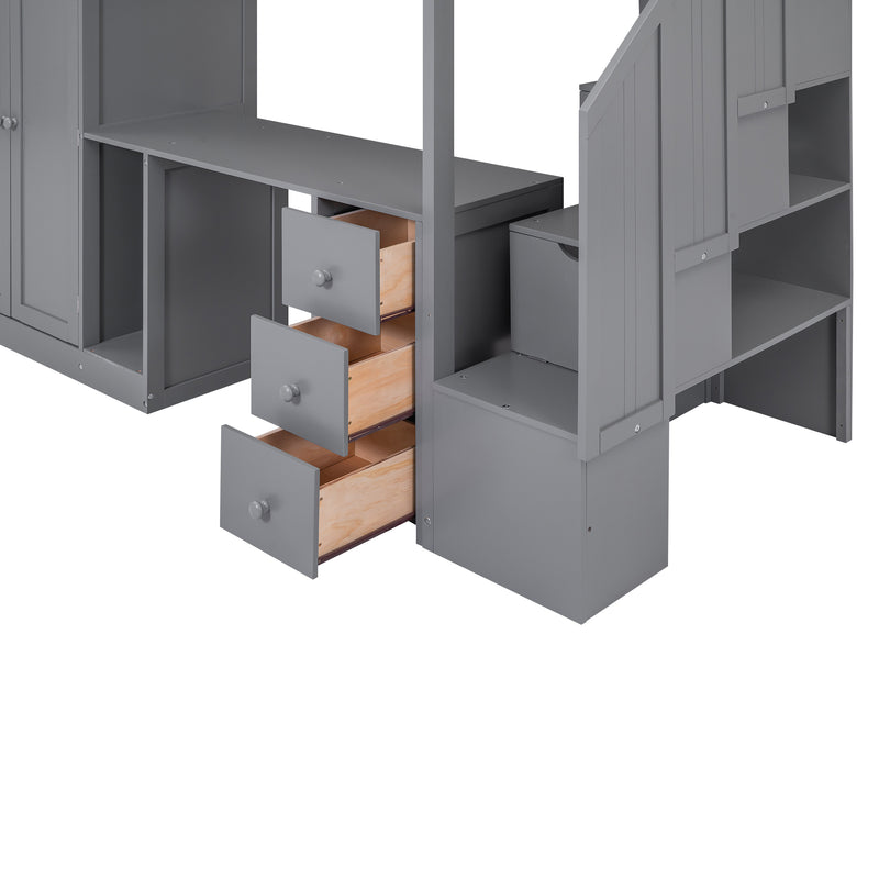 Twin Size Loft Bed with Wardrobe and Staircase, Desk and Storage Drawers and Cabinet in 1,Gray