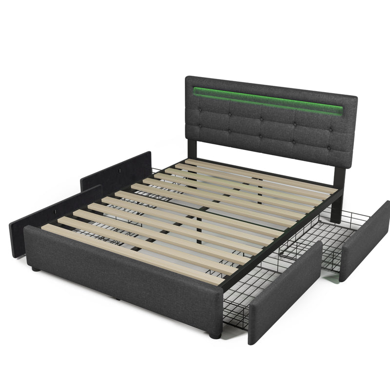 Bed Frame Queen Size, Upholstered Platform Bed Frame with 4 Storage Drawers and LED Lights & Adjustable Headboard,No Box Spring Needed,Grey