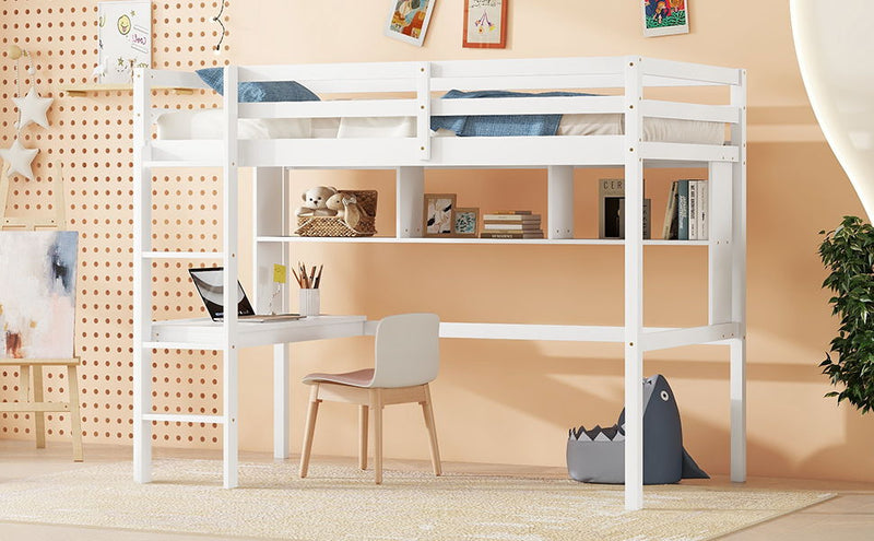 Loft Bed With Desk And Shelves, Safety Guardrail And Ladder