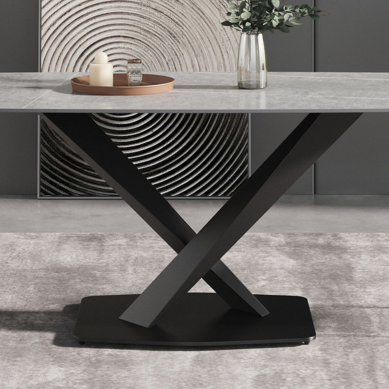 70.87" Modern Artificial Stone Gray Curved Black Metal Leg Dining Table, Can Accommodate 6-8 People - Gray / Black