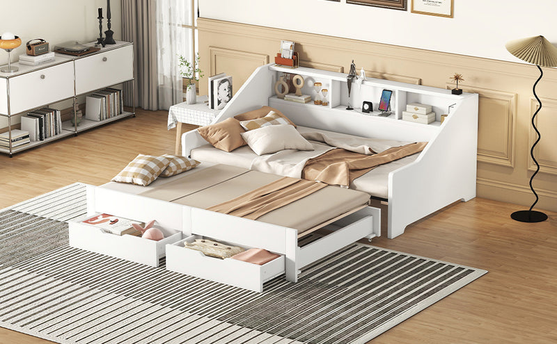 Twin to King Size Daybed Frame with Storage Bookcases and Two Drawers,Charging Design,White