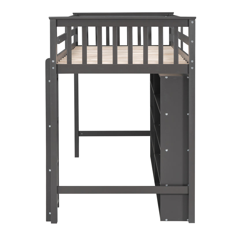 Twin Size Loft Bed with 8 Open Storage Shelves and Built-in Ladder, Gary