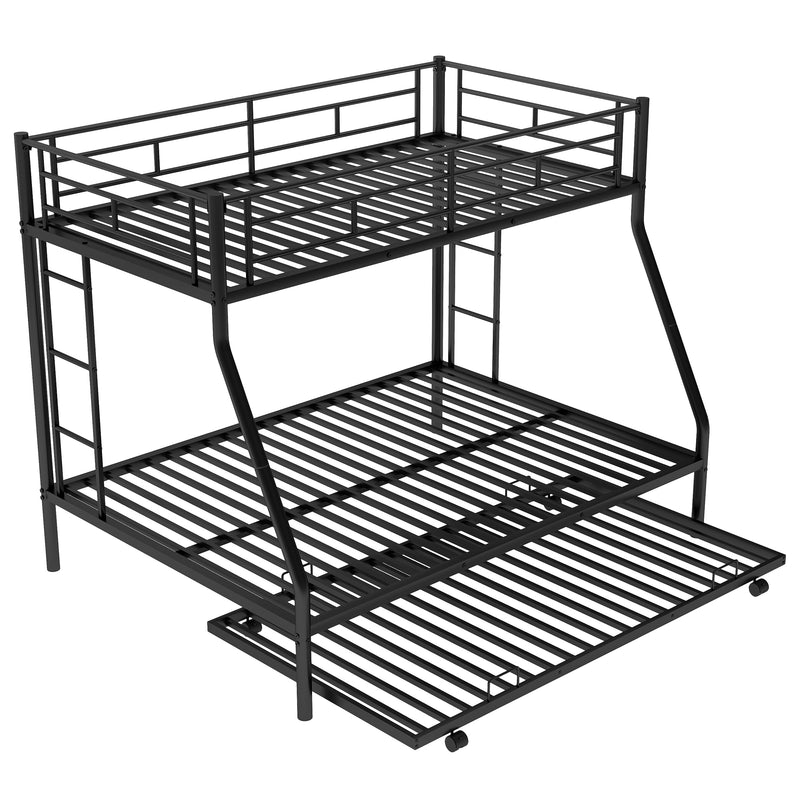 Twin over Full Bed with Sturdy Steel Frame, Bunk Bed with Twin Size Trundle, Two-Side Ladders, Black(OLD SKU:MF194424AAB)