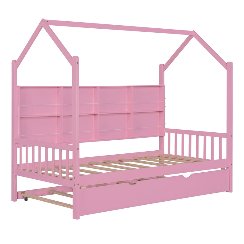 Wooden Twin Size House Bed with Trundle,Kids Bed with Shelf,Pink