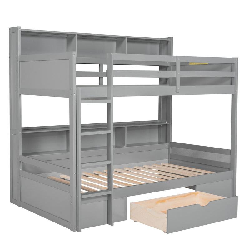 Twin Size Bunk Bed With Built-In Shelves Beside Both Upper And Down Bed And Storage Drawer