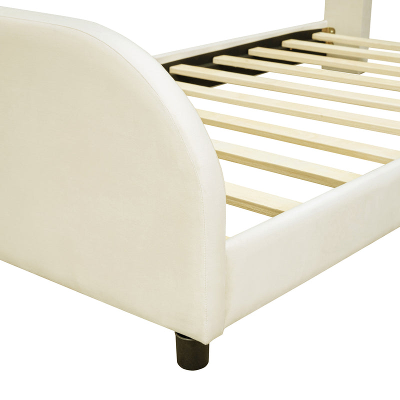 Twin Size Upholstered Platform Bed with Bear-Shaped Headboard and Embedded Light Stripe, Velvet, Beige