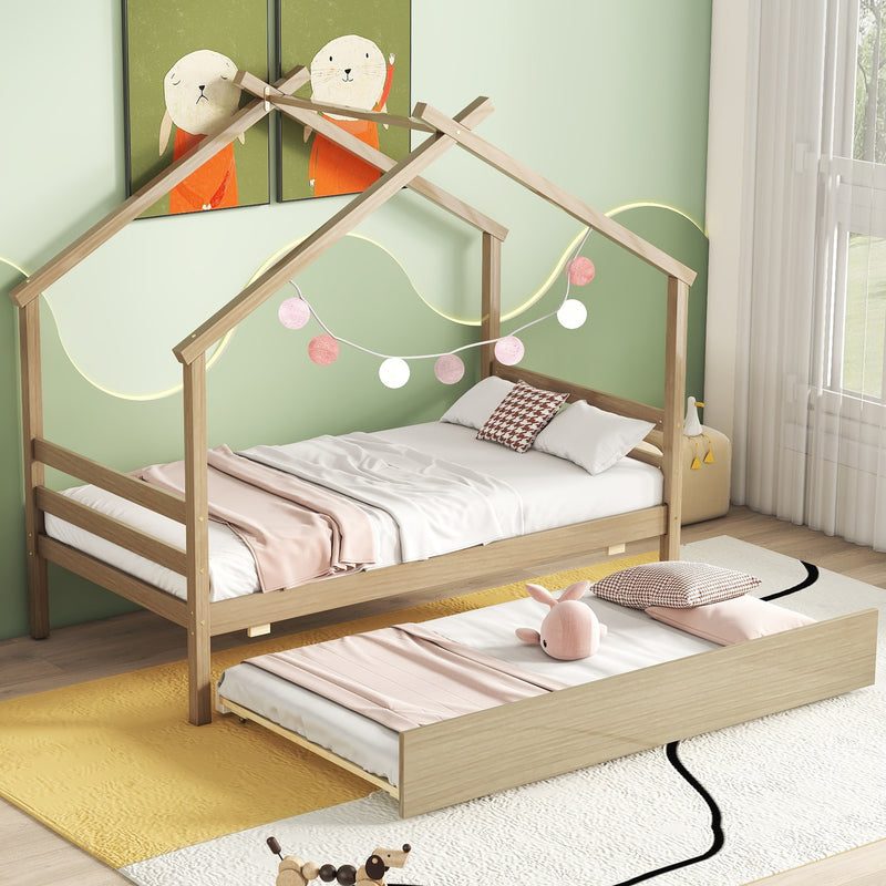 Twin Size  House-shaped Bed with Trundle,Natural