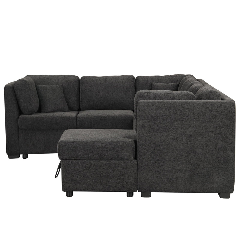 U-Shaped Sectional Sofa Pull Out Sofa Bed With Two USB Ports, Two Power Sockets, Three Back Pillows And A Storage Chaise For Living Room