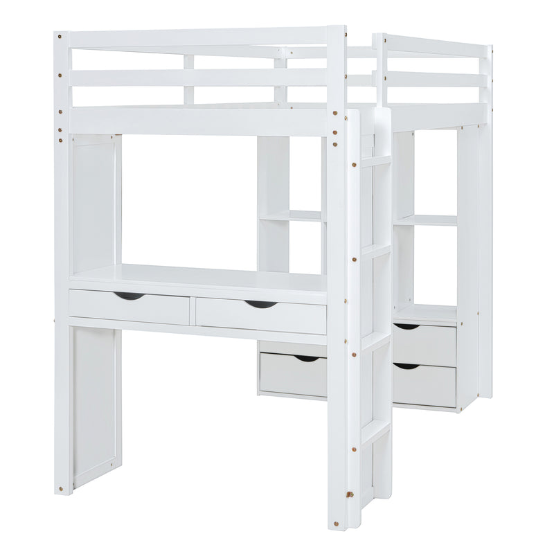 Twin Size Loft Bed with large shelves, writing desk and LED Light, White