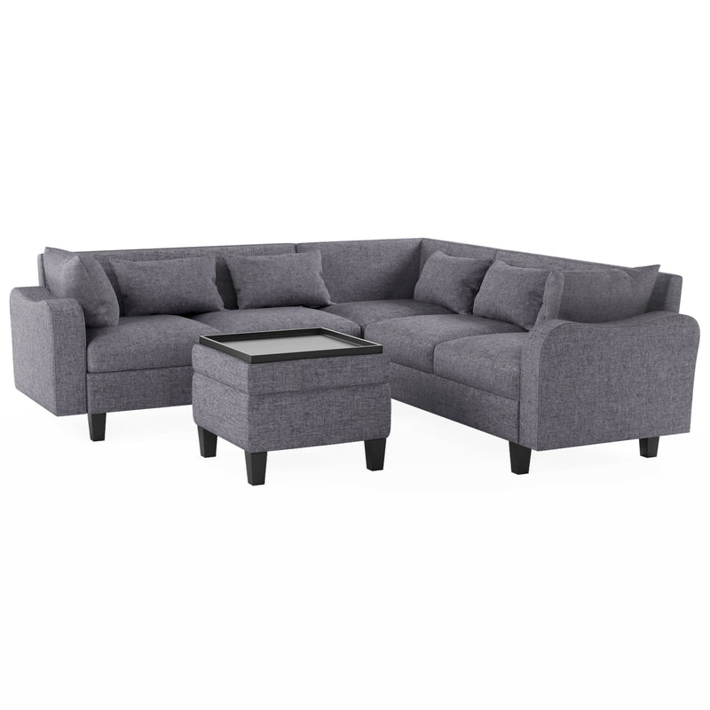 Modern Sectional Sofa With Coffee Table, 6 Seat Couch Set With Storage Ottoman, Various Combinations, L-Shape Indoor Furniture With Unique Armrests For Living Room (6 Pillows)