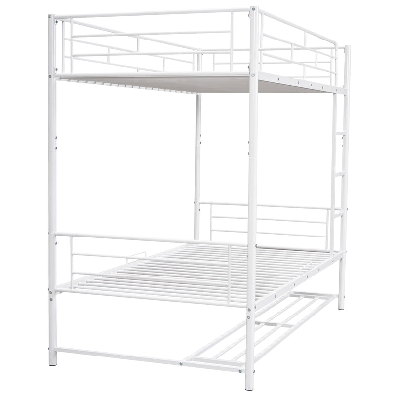 Twin Over Twin Metal Bunk Bed with Shelf and Guardrails, White