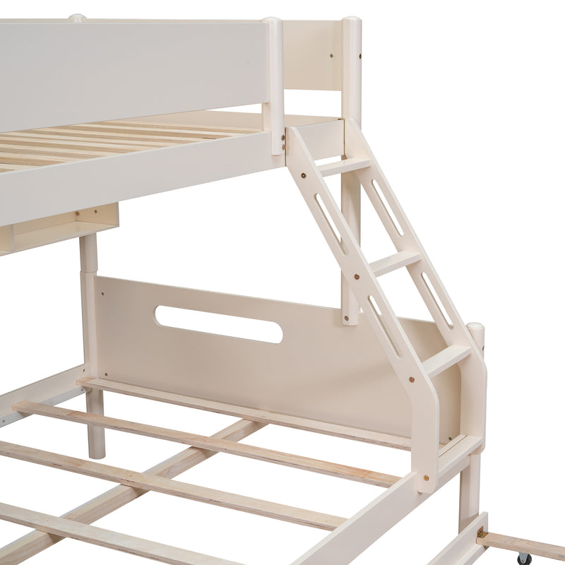 Wood Twin over Full Bunk Bed with Storage Shelves and Twin Size Trundle, Cream