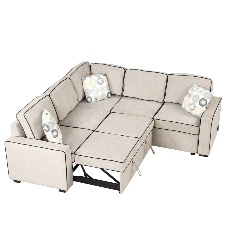 L-Shaped Pull Out Sofa Bed Modern Convertible Sleeper Sofa With 2 USB Ports, 2 Power Sockets And 3 Pillows For Living Room