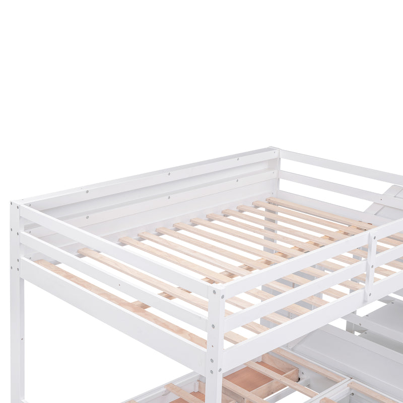 Wood Full Size Convertible Bunk Bed with Storage Staircase, Bedside Table, and 3 Drawers, White