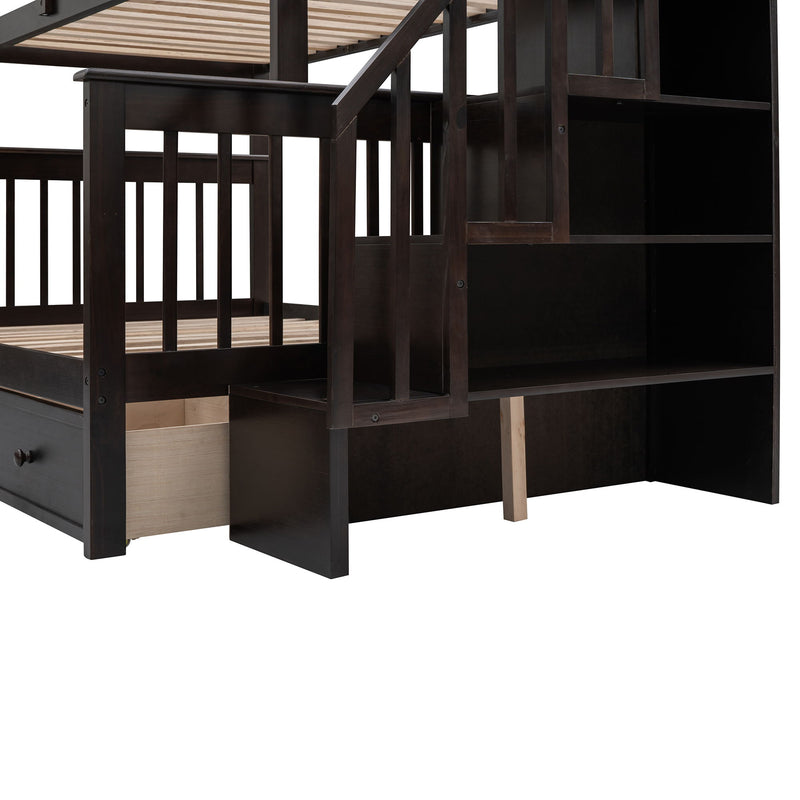 Twin Over Full Stairway Bunk Bed With Drawer, Storage And Guard Rail For Bedroom, Dorm, For Adults