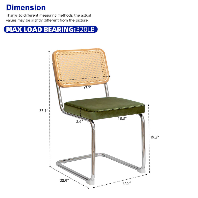 Dining Chairs (Set of 2), Velvet Rattan Side Accent Chairs With Chrome Legs, Modern Mid-Century Breuer Designed Chairs, Upholstered Dining Living Room Kitchen Chairs