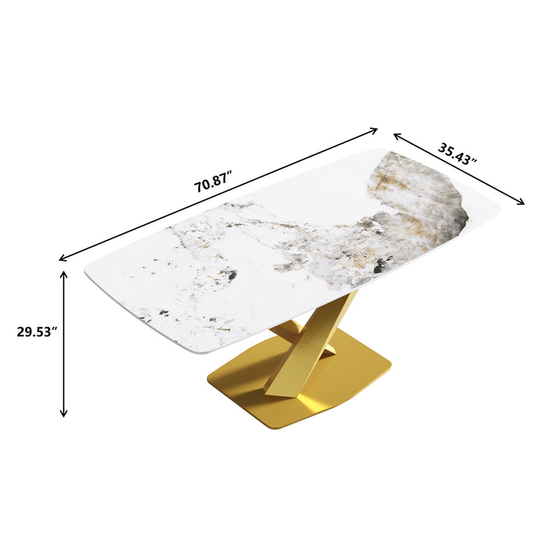 70.87" Modern Artificial Stone Pandora White Curved Golden Metal Leg Dining Table - Antique White / Gold