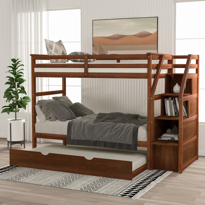 Twin-Over-Twin Bunk Bed with Twin Size Trundle and 3 Storage Stairs,Walnut (OLD SKU :LP000064AAD)