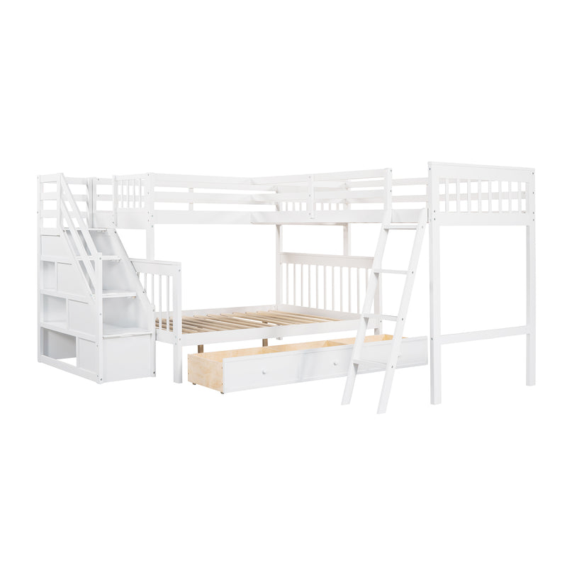 Twin over Full L-Shaped Bunk Bed With 3 Drawers, Ladder and Staircase - White