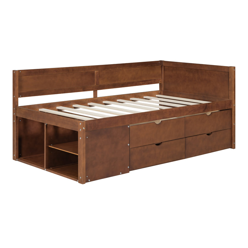 Twin Size Daybed with Drawers and Shelves, Walnut